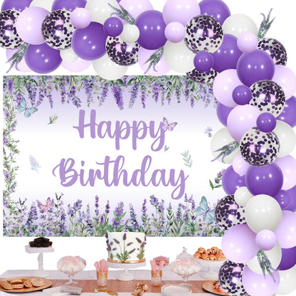 JOYMEMO Lavender Birthday Balloons Arch Kit, Purple Lavender Floral Butterfly Happy Birthday Backdrop Banner Artificial Flowers Decorations for Girls Women Bday Party Decor Supplies