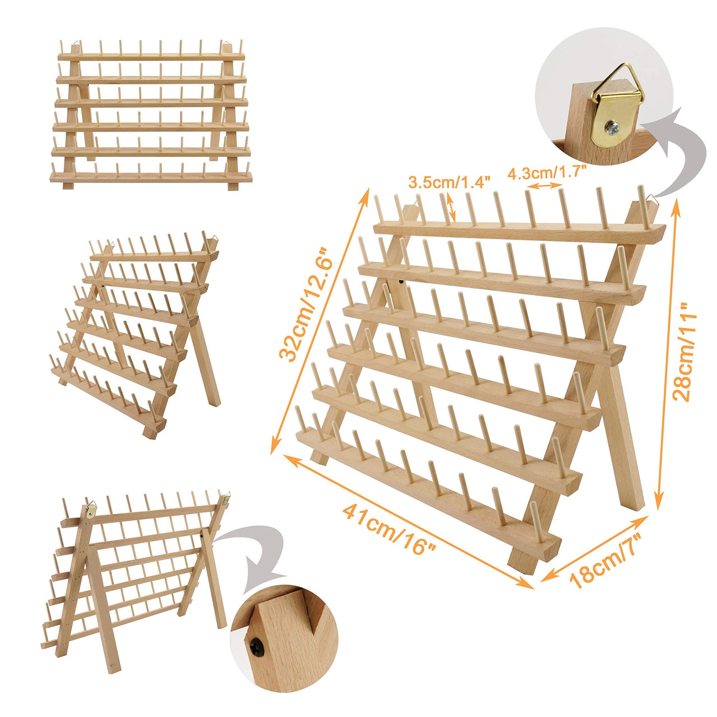 New brothread 2X60 Spools Wooden Thread Rack/Thread Holder Organizer with Hanging Hooks for Embroidery Quilting and Sewing threads