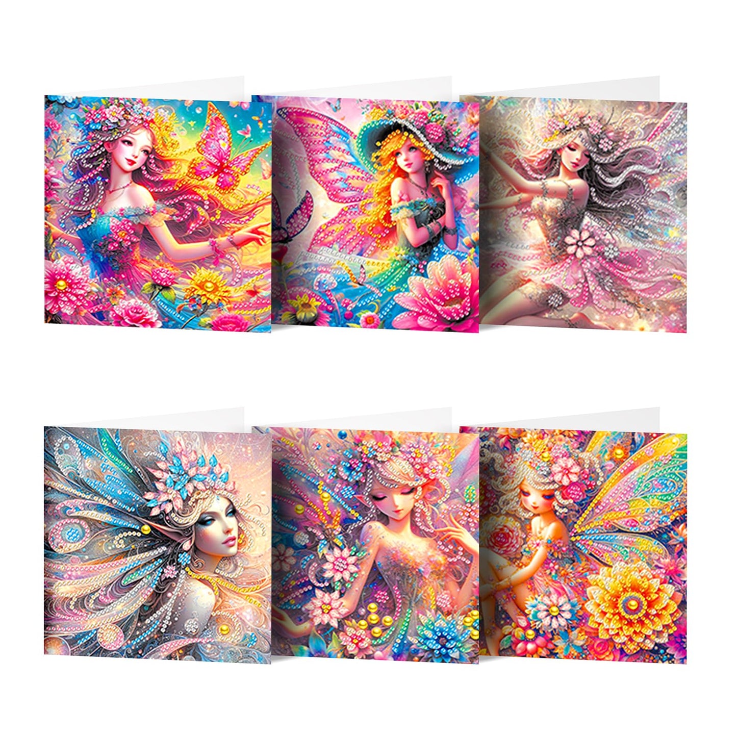 pigpigboss 6 Packs Fairy Diamond Painting Art Greeting Card with Envelope, Butterfly Flower Diamond Painting Greeting Card, Angel Wings Birthday Cards with Diamonds for Adult Birthday Blessing