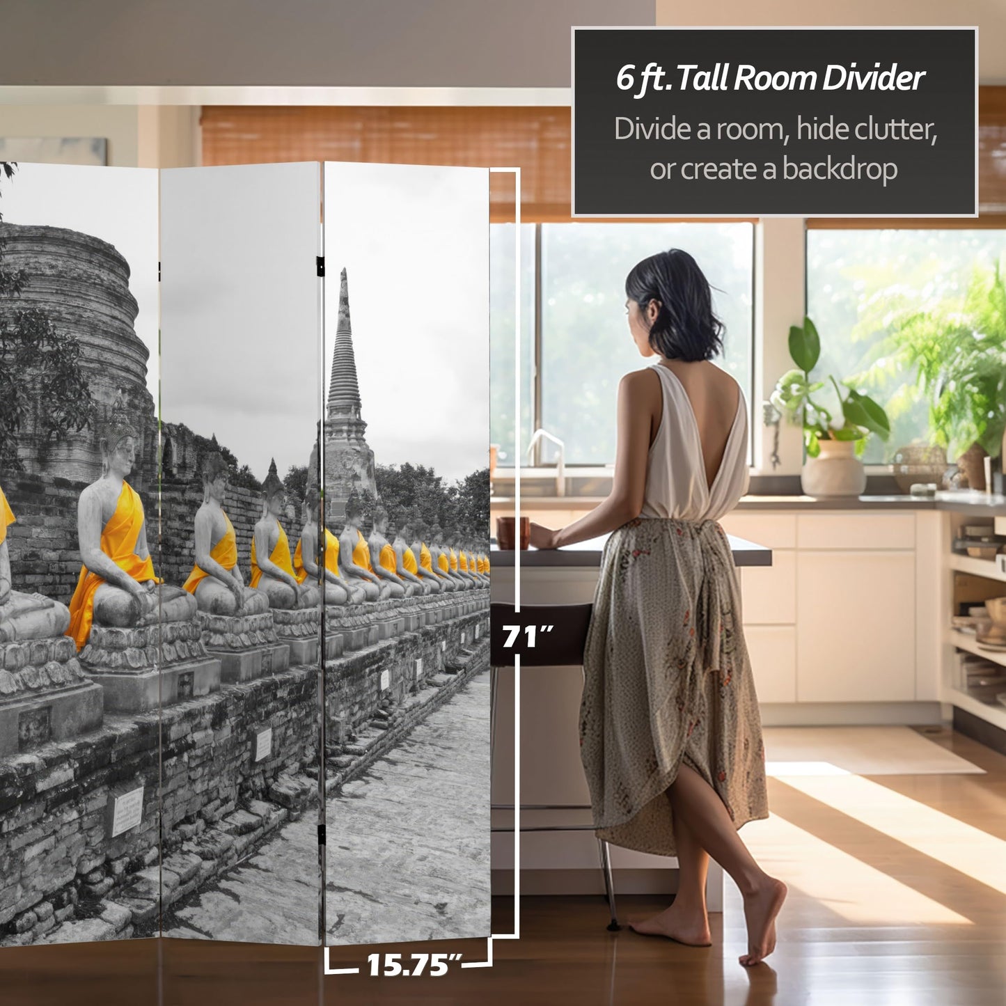 Red Lantern 6 ft. Tall Double Sided Golden Buddhas Room Divider 6 Panel Freestanding Folding Privacy Screen, Partition, and Separator for Modern and Contemporary Bedroom, Home Office, Studio, Dorm
