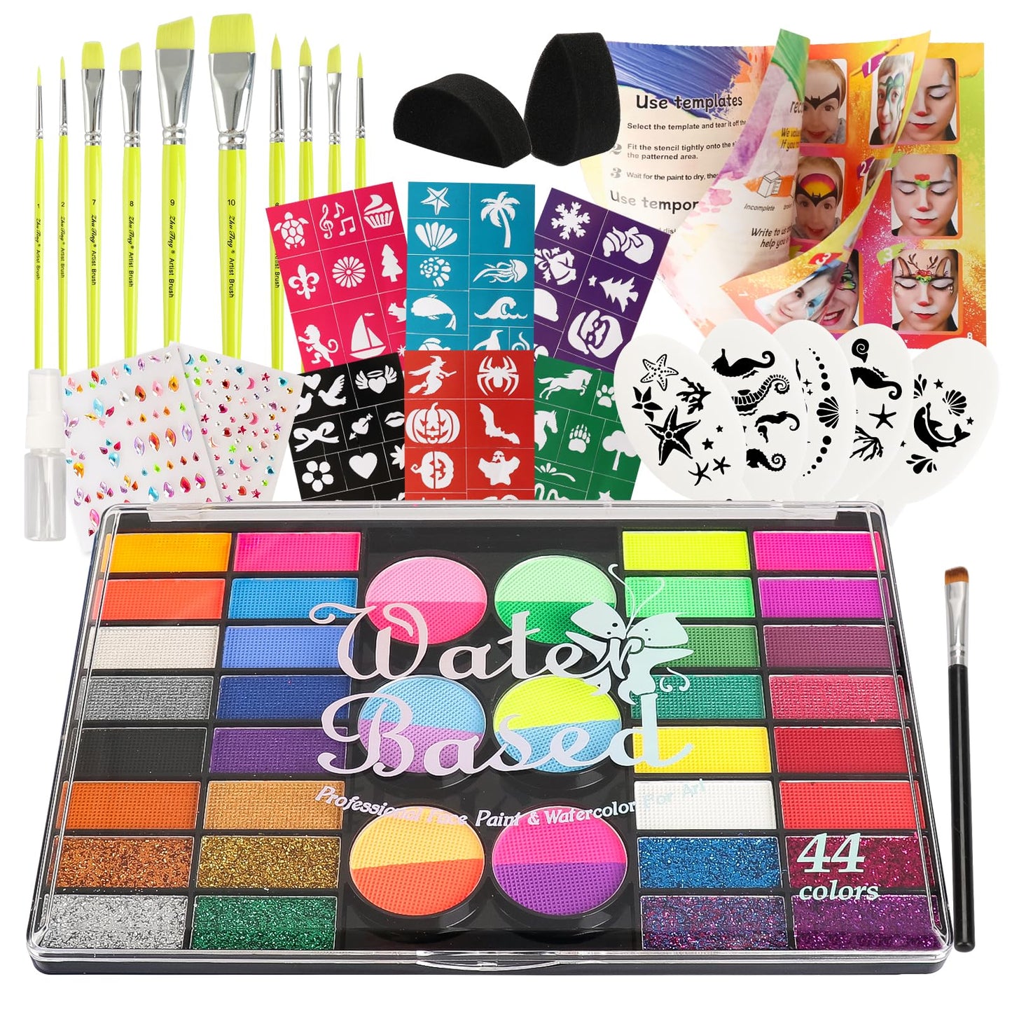 Pintada 44 Color Face Painting Kit for Party - Non Toxic Water Activated Face Paint Palette with Stencils, Brushes, Gems & Glitter. Halloween, Carnival; Costume Makeup for Creative Activities