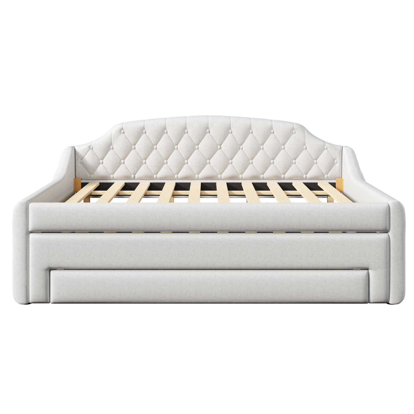 Merax Upholstered Full Size Daybed with LED Lights, Trundle & 3 Drawers, Linen Sofa Bed for Guest Room & Small Spaces, Beige