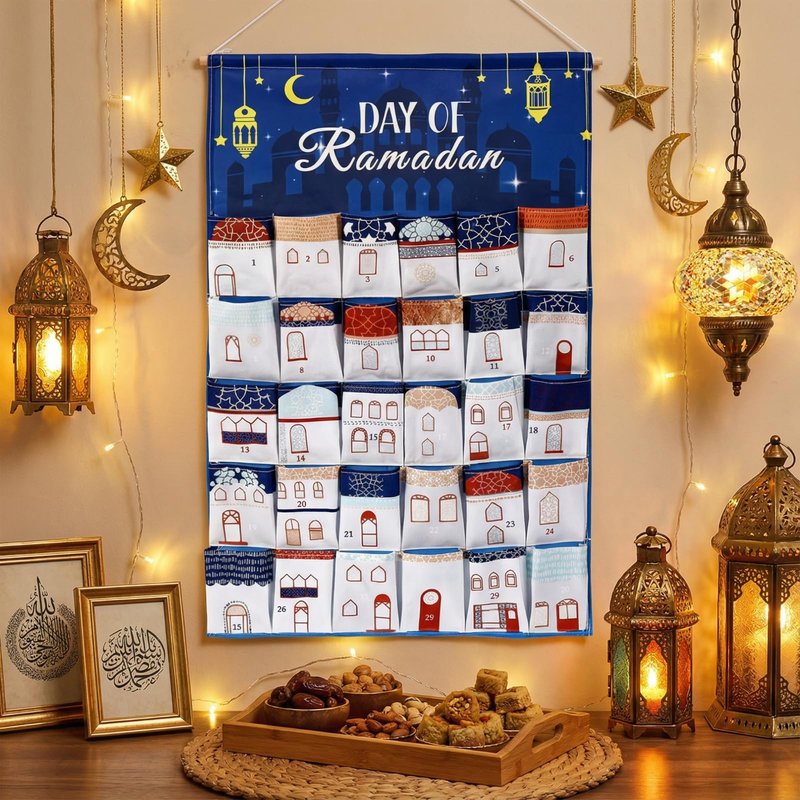 Fanfanwin Ramadan Countdown Calendar Fabric 30 Days Mystery Eid Countdown Calendar House Design Ramadan Wall Decor with 30 Pockets Blue Eid Mubarak Poster Gift for Home Wall Decor