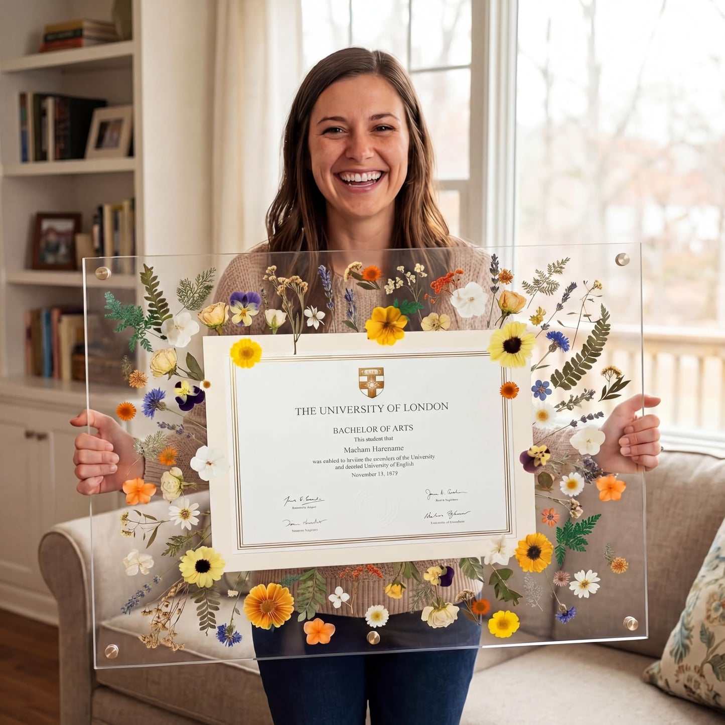 Thyle 2026 Graduation Acrylic Diploma Frame 18x22 Floral Business License Frame Wall Mount Floating Certificate Display Set with 50 Dried Flowers, Tweezers & Nano Tape, Ready-to-use(White,Beige)