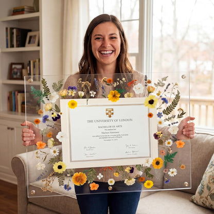 Thyle 2026 Graduation Acrylic Diploma Frame 18x22 Floral Business License Frame Wall Mount Floating Certificate Display Set with 50 Dried Flowers, Tweezers & Nano Tape, Ready-to-use(White,Beige)
