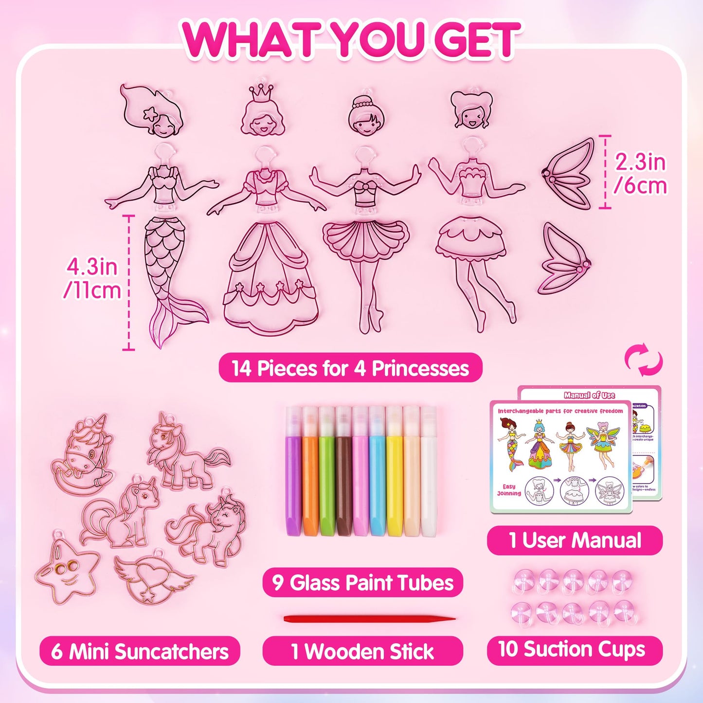 Mocoosy Princess Window Art Kit for Kids, DIY Suncatcher Art and Craft for Kids Ages 4-6-8, Stained Glass Window Art Painting Set for Girls, Unicorn Toys Easter Basket Stuffer Gift 5 6 7 8 9 Years Old