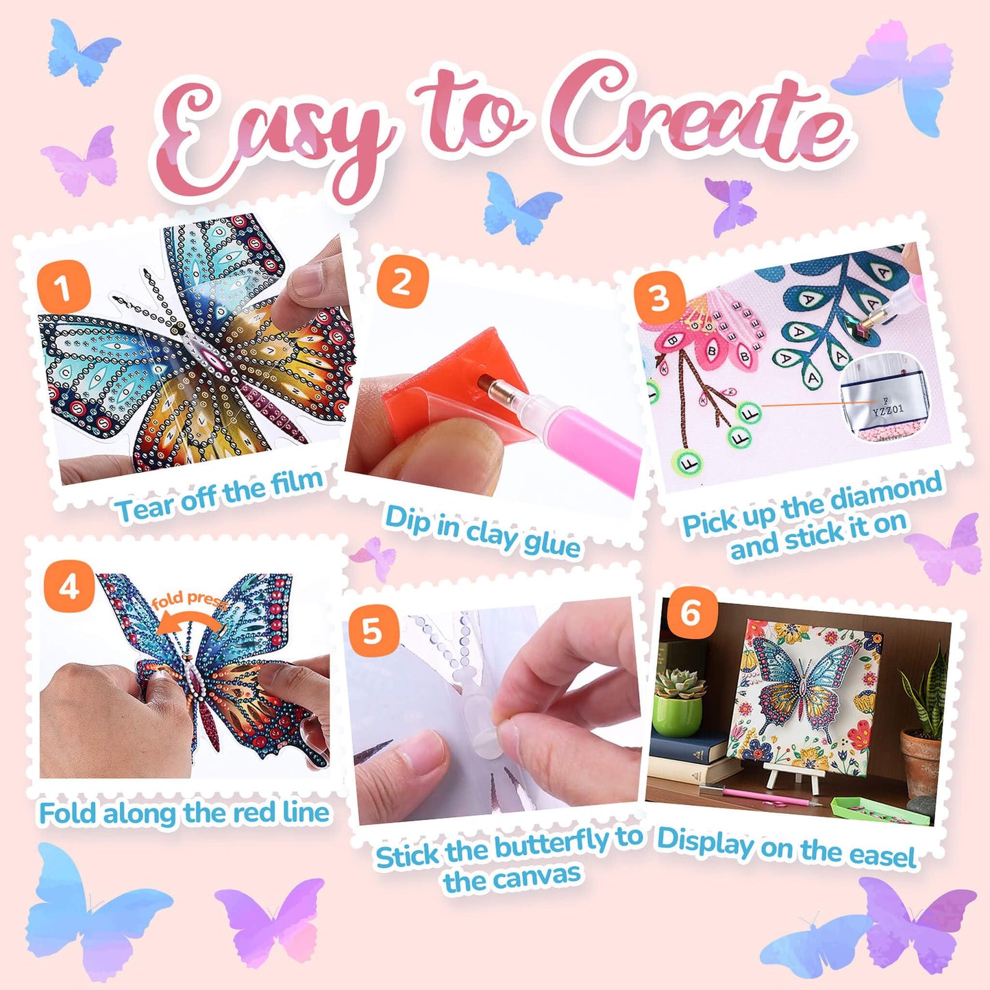 Cymbana Arts and Crafts for Kids Age 8-12, 3D Butterfly Diamond Art Kits, Gifts for Kids Age 6 7 8 9 10 with Plastic Easels DIY Gem Art Foldable Clear Butterfly Painting with Frame for Home Decor