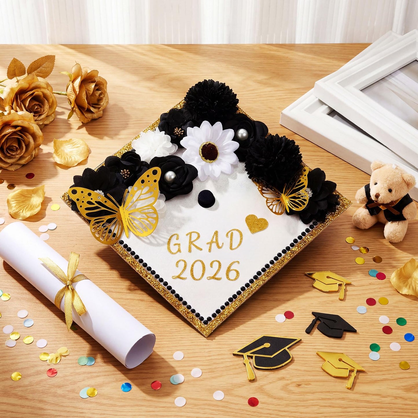 Wavwavw 43 PCS DIY Graduation Cap Decorations Kit, Grad Cap Decorations Included Faux Flowers 3D Butterfly Self Adhesive Rhinestones Stickers Alphabet Letter Stickers for 2026 Grad Party(Black)