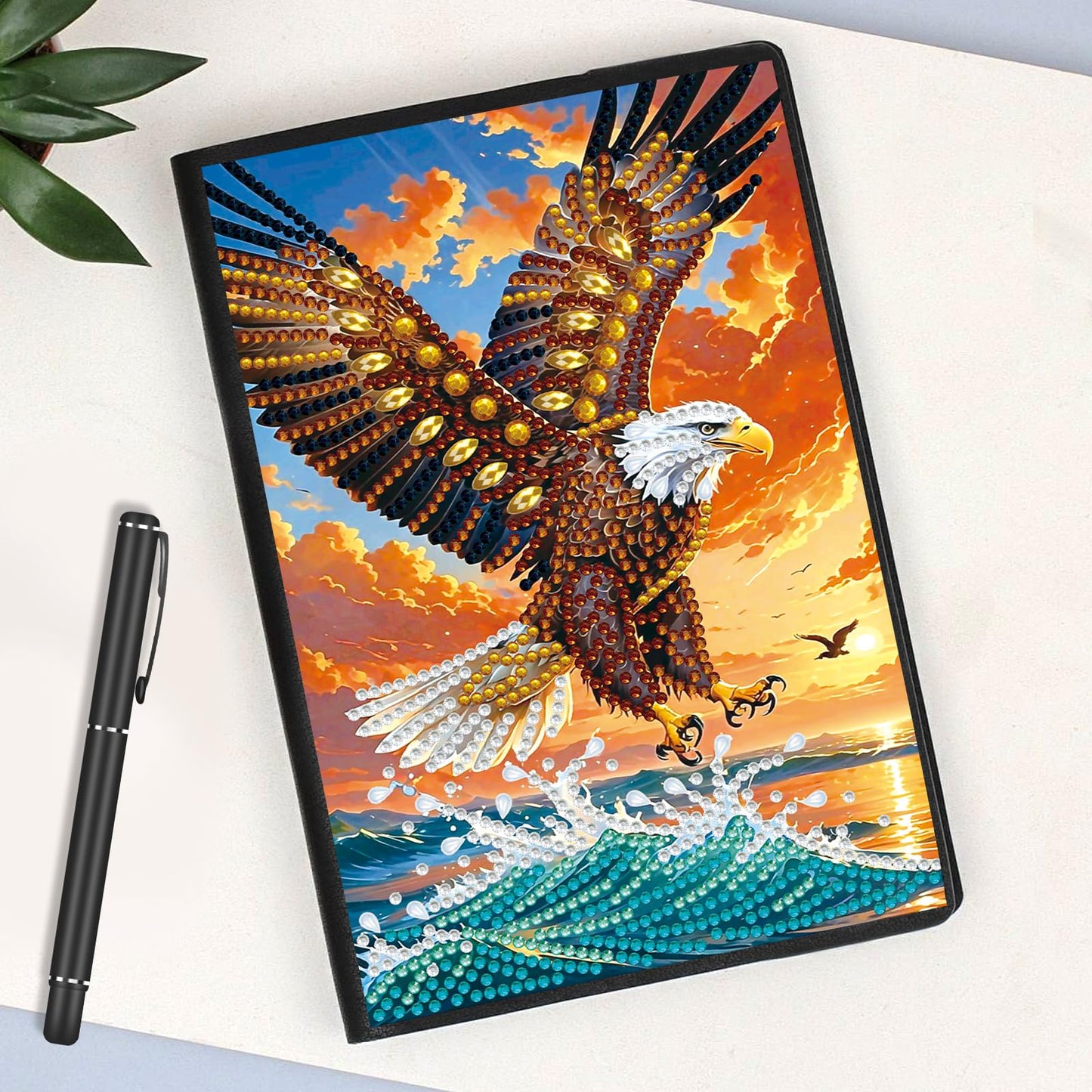 JISHSHAY Eagle Diamond Painting Notebook Journal Eagle Diamond Art Note Book Animal Gem Art Sketchbook Mosaic Kits for Adults Diary Gem Painting Leather Journal with Special Shaped Drills 5.7×8.26in