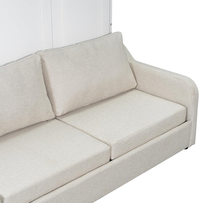 Bellemave Full Size Murphy Bed with Sofa, Cabinet Bed with Storage Shelves and LED Light, Farmhouse Murphy Cabinet with Folding Sofa, Noisy Free, for Guest Bedroom, Living Room, Office, Beige