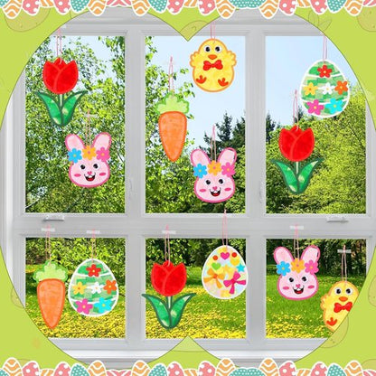 Feifeiya 24 Pack Easter Suncatcher Craft Kit - DIY Window Art with Bunny, Carrot & Egg Designs