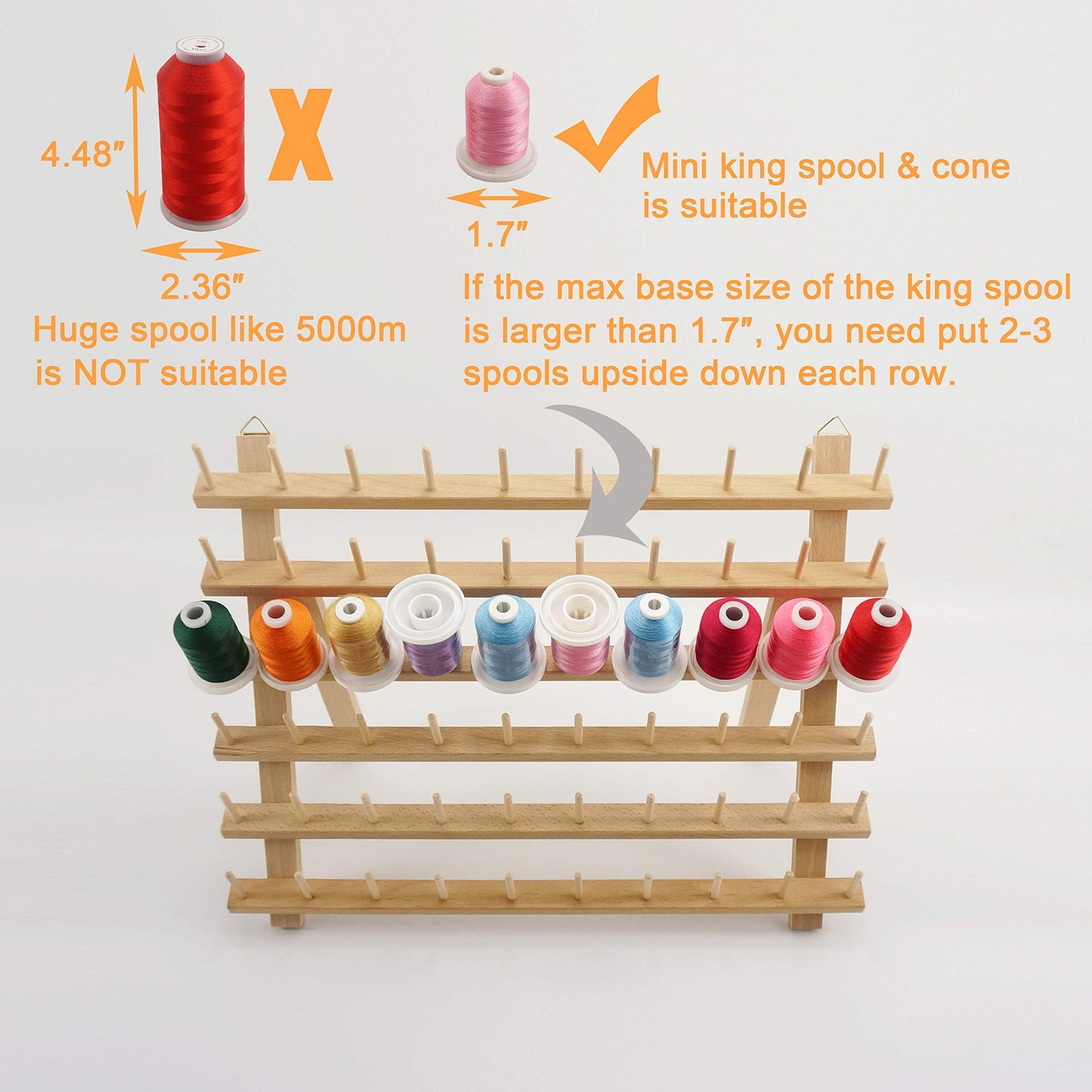 New brothread 4X60 Spools Wooden Thread Rack/Thread Holder Organizer with Hanging Hooks for Embroidery Quilting and Sewing threads