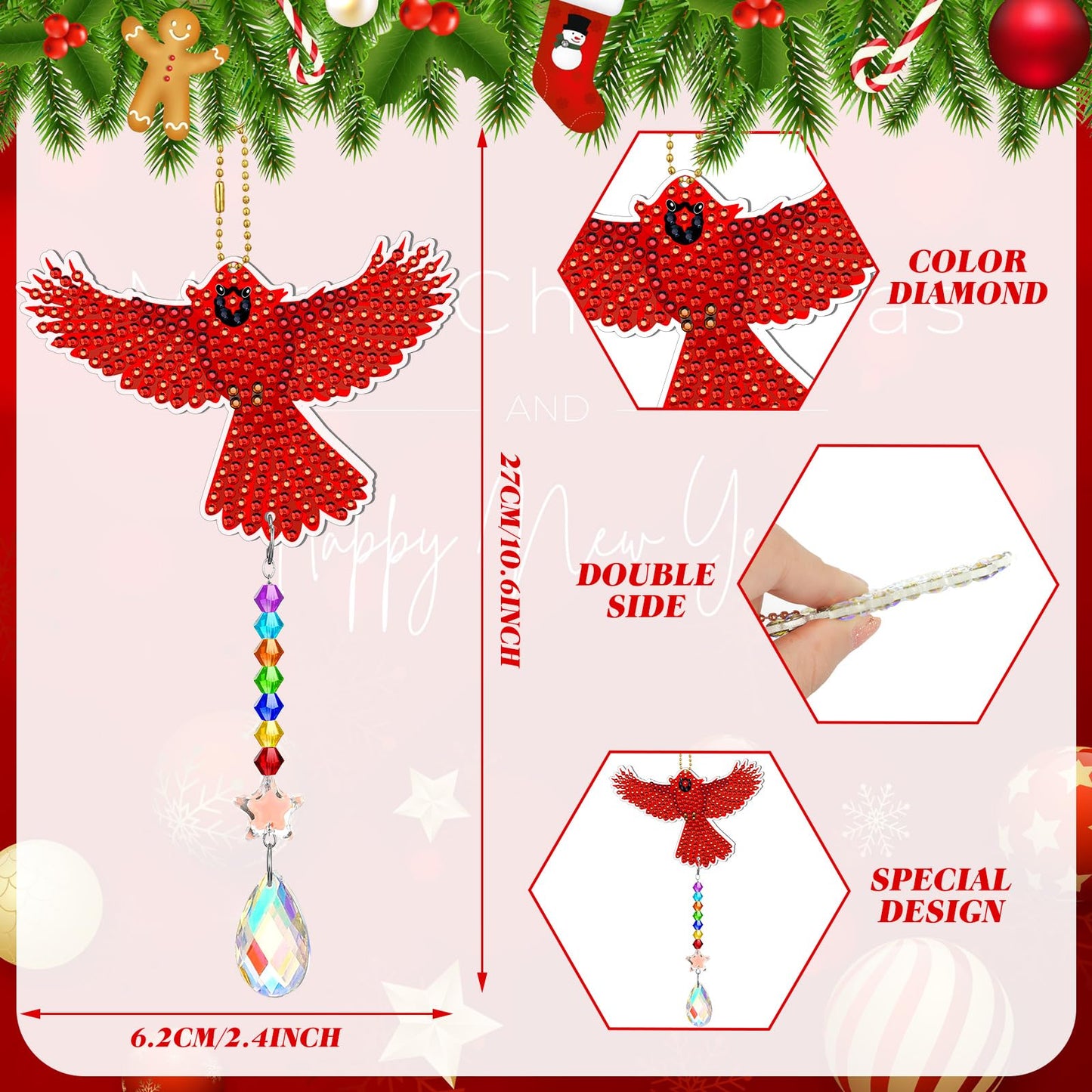Tradder 6 Pcs Diamond Art Kit for Adults Cardinal Birds Diamond Art Ornament Suncatcher Double Sided Cardinal Bird Wind Chimes with Crystal Pendant 5D for Home Garden Hanging Ornaments