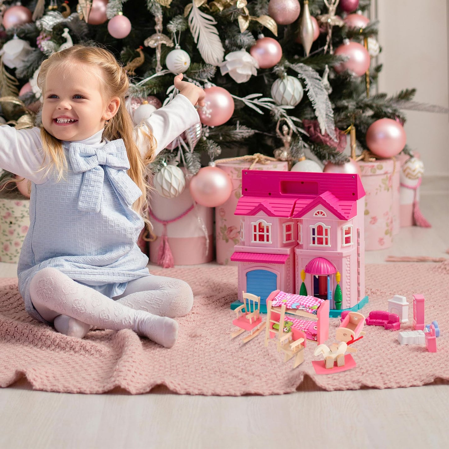 JOINPAYA Wooden Dollhouse Bedroom Furniture: Doll Bunk Bed Rocking Horse Chair, DIY 1:12 Scale Miniature Doll House Decoration Accessories for Ages 3+ Role-Playing