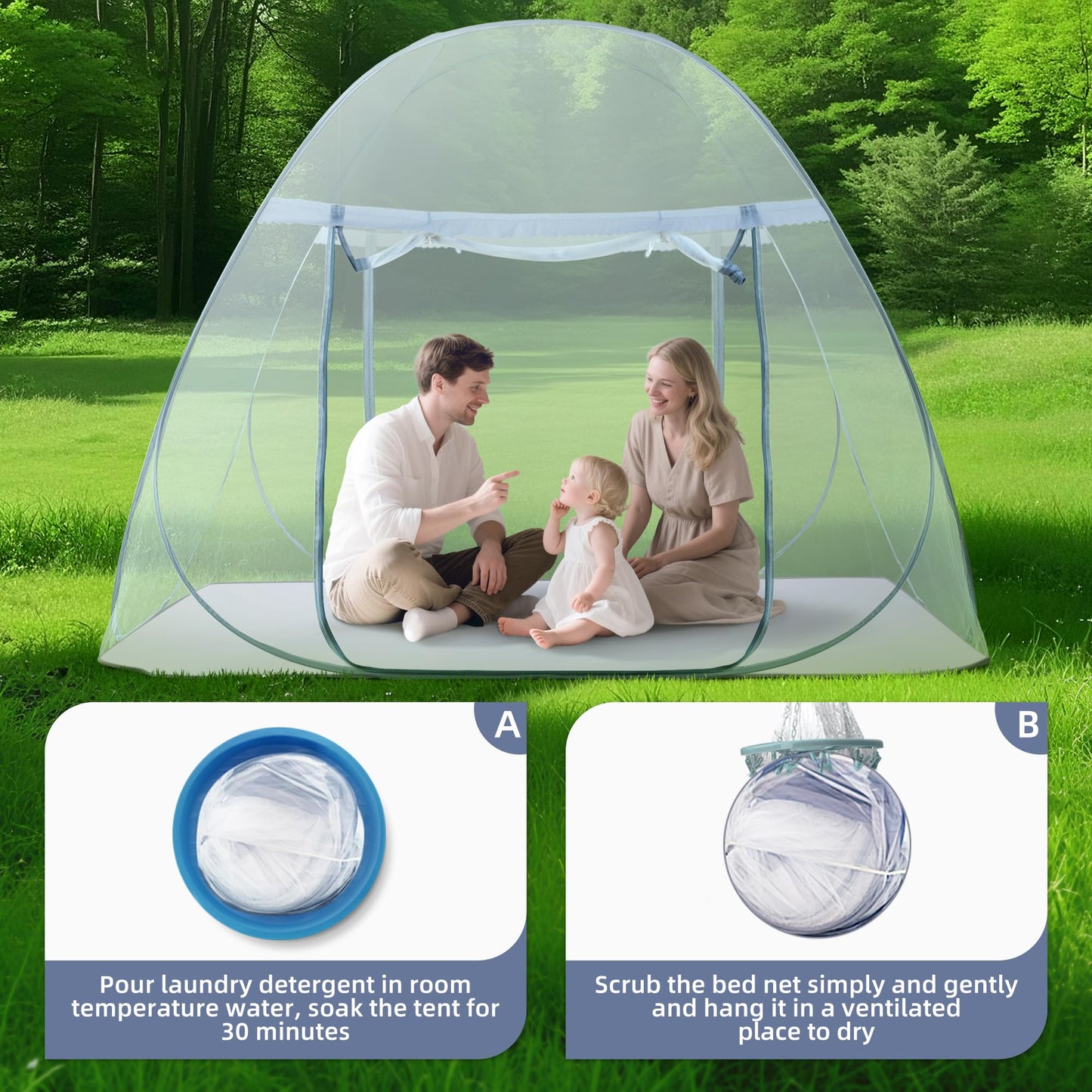 Pop-Up Mosquito Net Tent for Bed, Portable Folding Design Camping Travel Mosquito Tent with Net Bottom for Baby Adults, Easy to Install and Wash for Queen Size Bed 79 x 59 x 59 inch