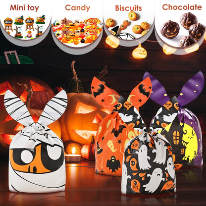 AhfuLife 120 PCS Halloween Treat Candy Bags, 6 Designs Halloween Goodie Bags for Trick or Treat, Small Cute Rabbit Ears Snack Bags for Party Supplies Favors