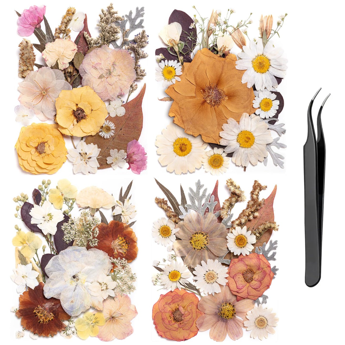 90pcs Boho Pressed Flowers Bulk, Vintage Dried Flower Leaves, Natural Fall Pressed Dried Flowers with Tweezer for DIY Crafts Resin Mold Candles Cake Bridal Scrapbooking Supplies