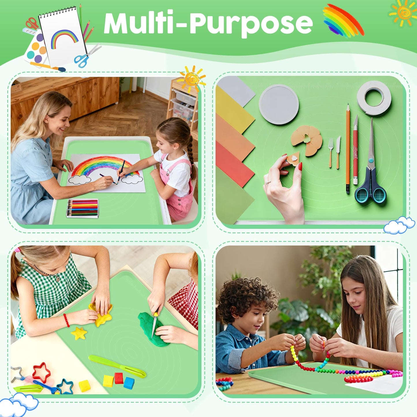 Large Silicone Mat for Crafts, 24"X19.7" Art Mat with Raised Edges for Clay, Resin, Slime, Jewelry-Making Table Protection Heat-Resistant Paint Mats, Green