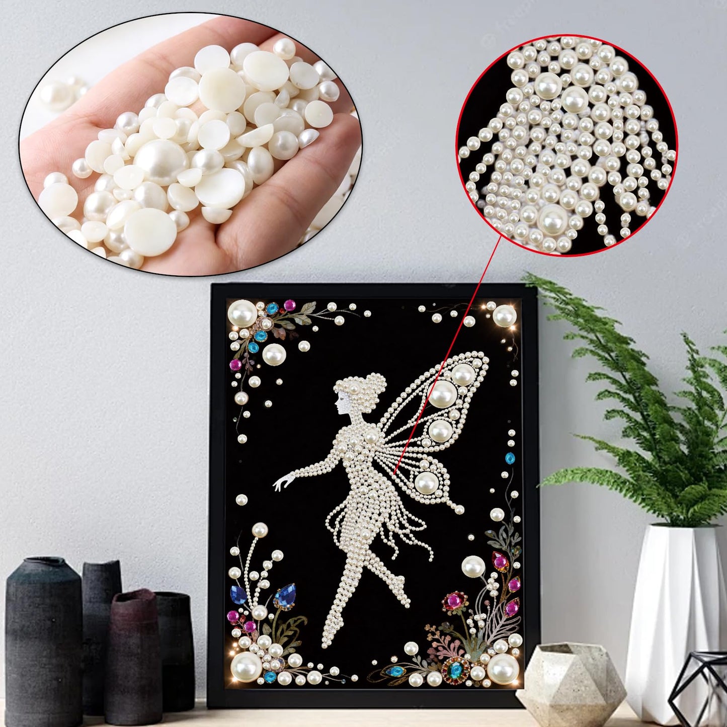 Focart DIY Pearl Diamond Painting Black and White Art Kits, Butterfly Fairy Pattern Round Half Pearls Rhinestones Diamond Dots Paintings Arts Craft Gift Home Decor for Beginners 15.74x11.8in