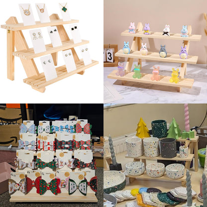 Acrux7 2 Pack 3 Tier Wooden Display Stand, Wooden Earring Display Wood Cupcake Stands, Detachable Wood Tiered Jewelry Card Display Stand with Groove for Jewelry Cupcake Vendors Retail Party Home