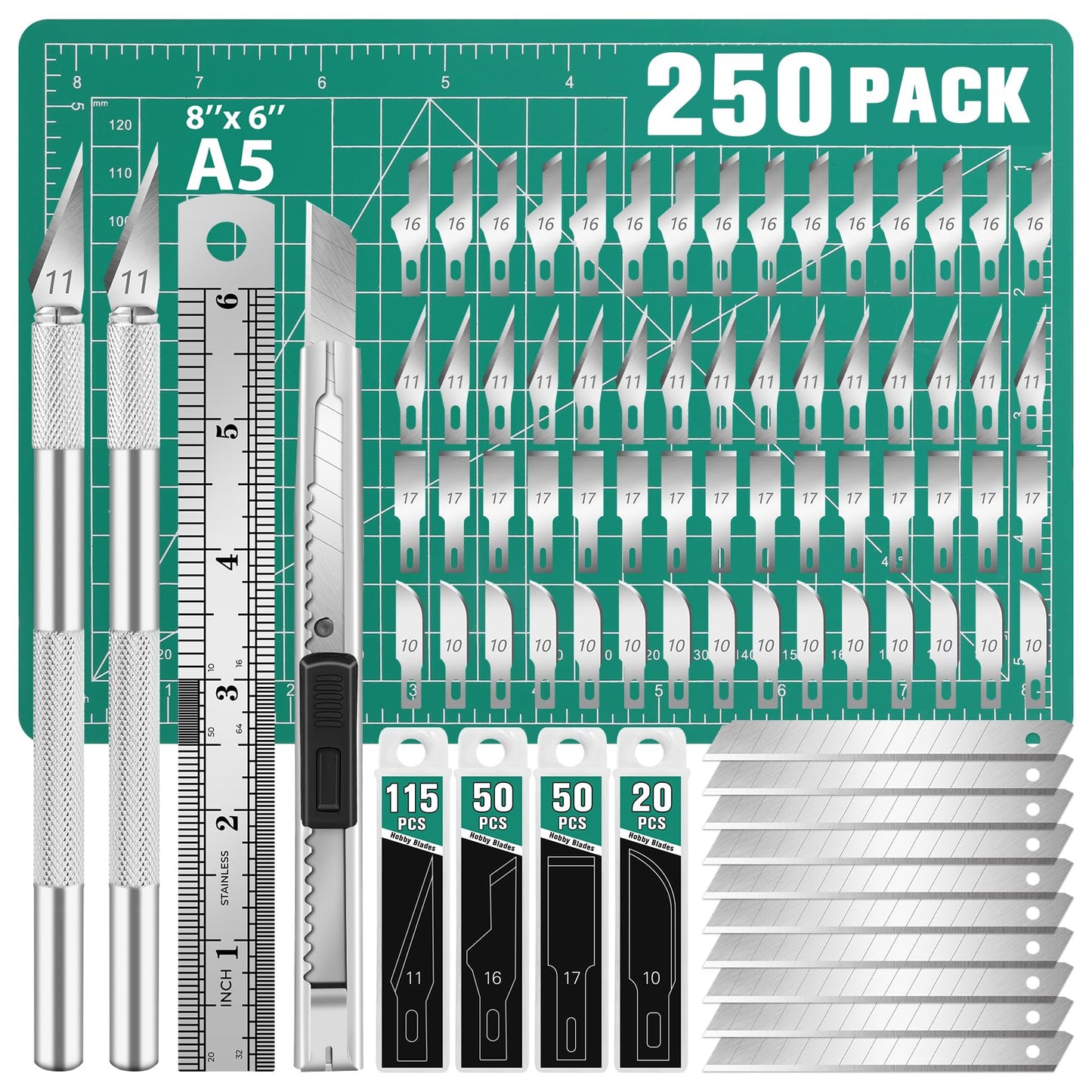 DIYSELF 250 Pcs Exacto Knife, Craft Knife, Hobby Knife, Precision Knife, Exacto Knife for Crafts, Modeling, Scrapbooking, 2 Exacto Knives with Extra 235 Exacto Blades (#11#10#16#17)