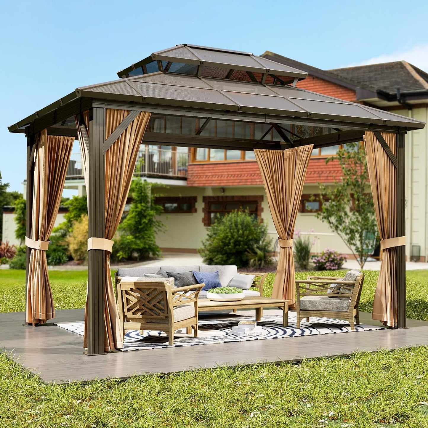 10'x13' Hardtop Gazebo, Outdoor Polycarbonate Double Roof Canopy, Aluminum Frame Permanent Pavilion with Curtains and Netting, Sunshade for Garden, Patio, Lawns (10x13ft)