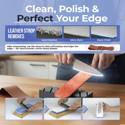 Premium Knife Sharpening Stone Set – Dual Grit Whetstones (400/1000 & 3000/8000), Leather Strop, Flattening Stone, Bamboo Base, Non-Slip Bases & Angle Guide for Kitchen, Chef & Hunting Knives