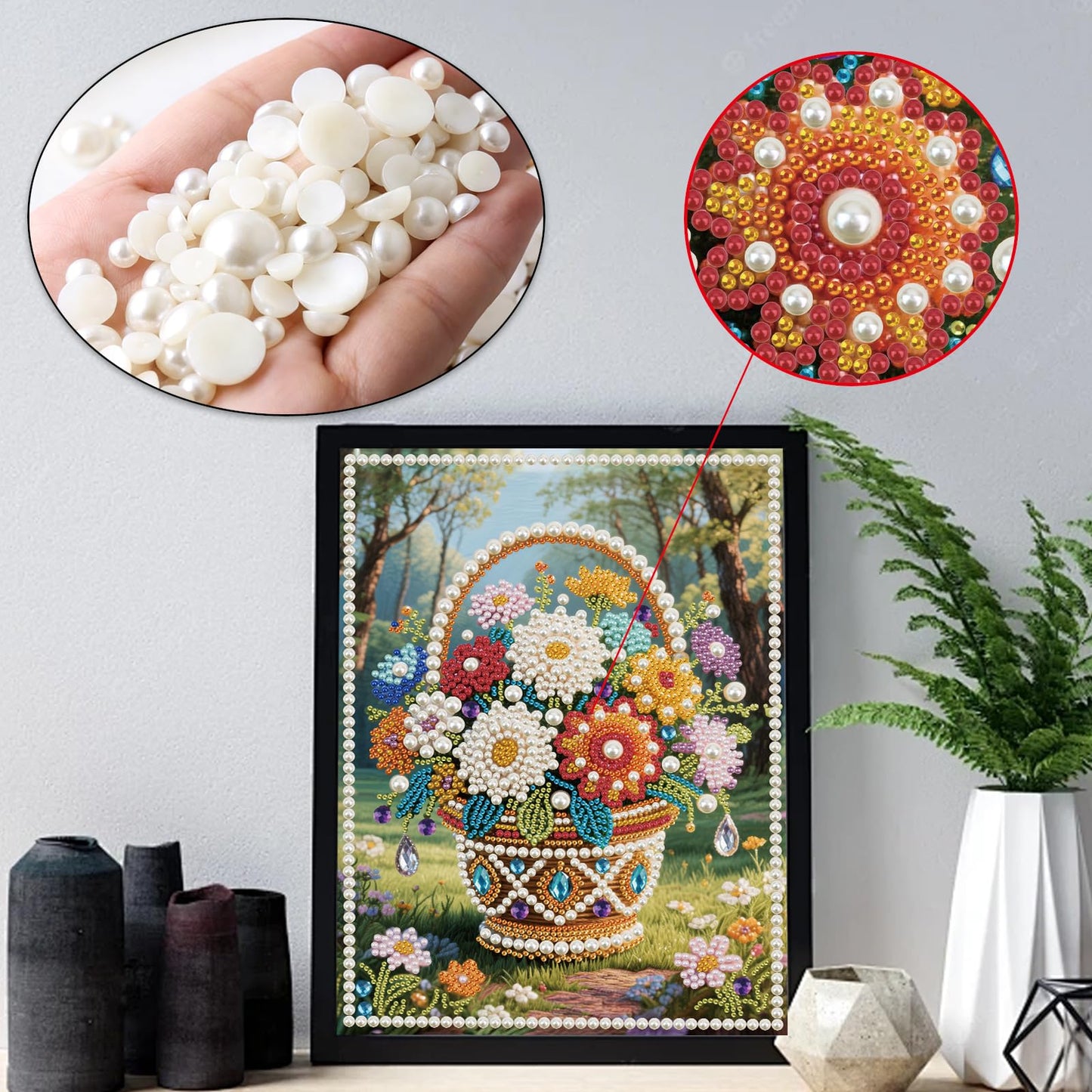 Stalente Pearl Diamond Painting Kits for Adults Flower Basket, 5D Special Shape Diamond Art Kits for Beginners, Crystal Rhinestones Diamond Painting for Home Wall Decoration Gift 12×16inch