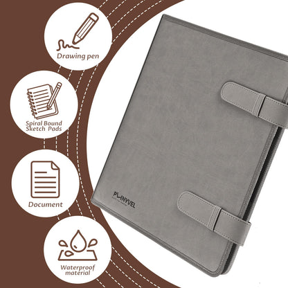 Plinyvel Leather Sketchbook Cover for 9x12 - Travel Portfolio Case with Storage, Holds Large Sketch Book & Spiral Pad | All-in-One Artist Organizer with Pencil Holder (Gray