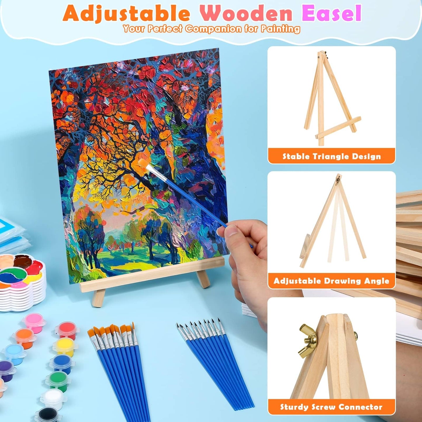 10 Pack 8x10 Inch Canvas and Easel Set, Art Canvas Boards Bulk with Easel Stand, Mini Acrylic Paint & Brushes Set, Paint Trays, Sip and Paint Kit for Adults Couples Day Night Paint Party