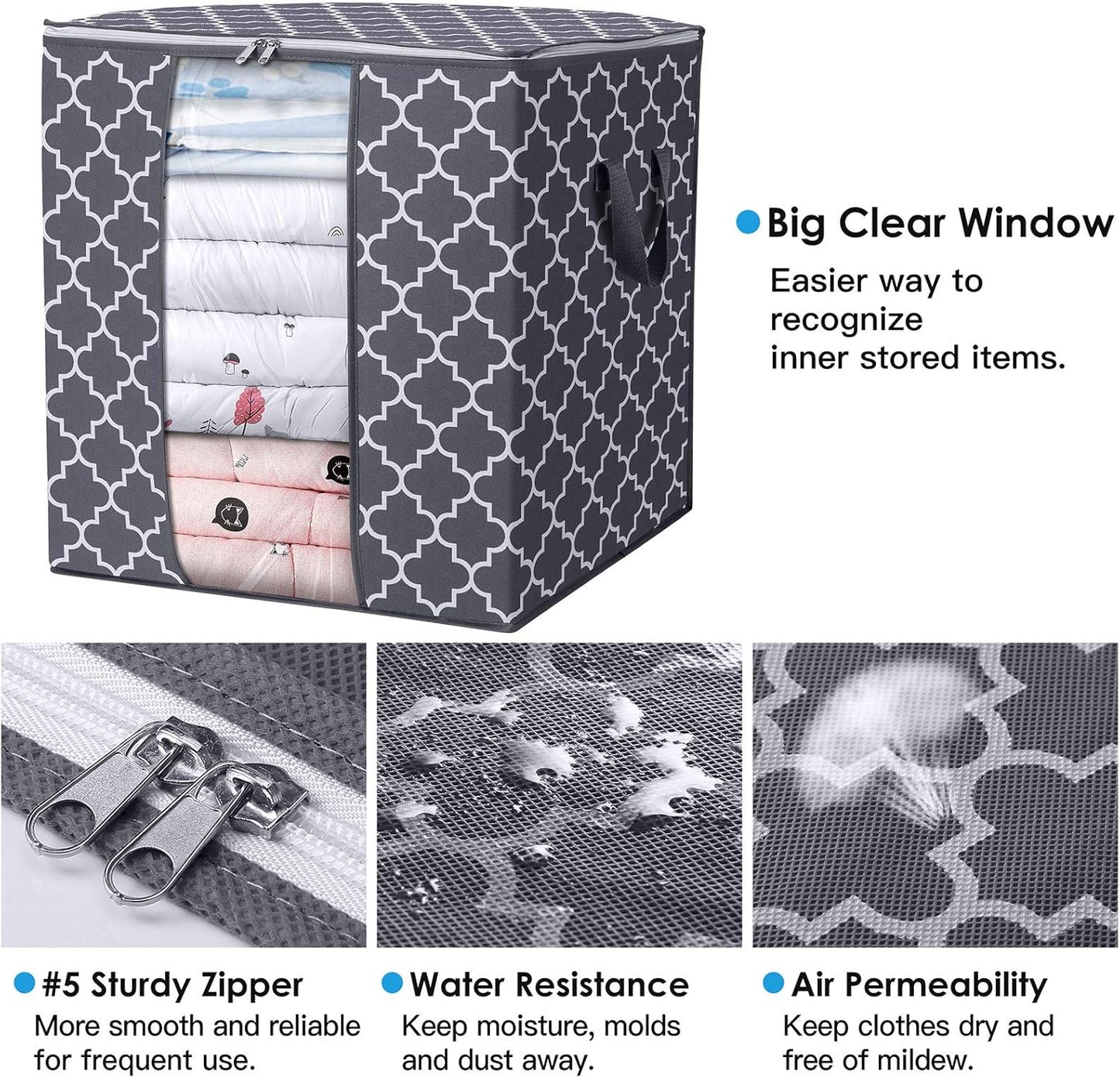 WISELIFE Storage Bags - 4 Pack 100L Large Blanket and Clothes Organizers | Foldable with Reinforced Handles, Clear Window, Gray