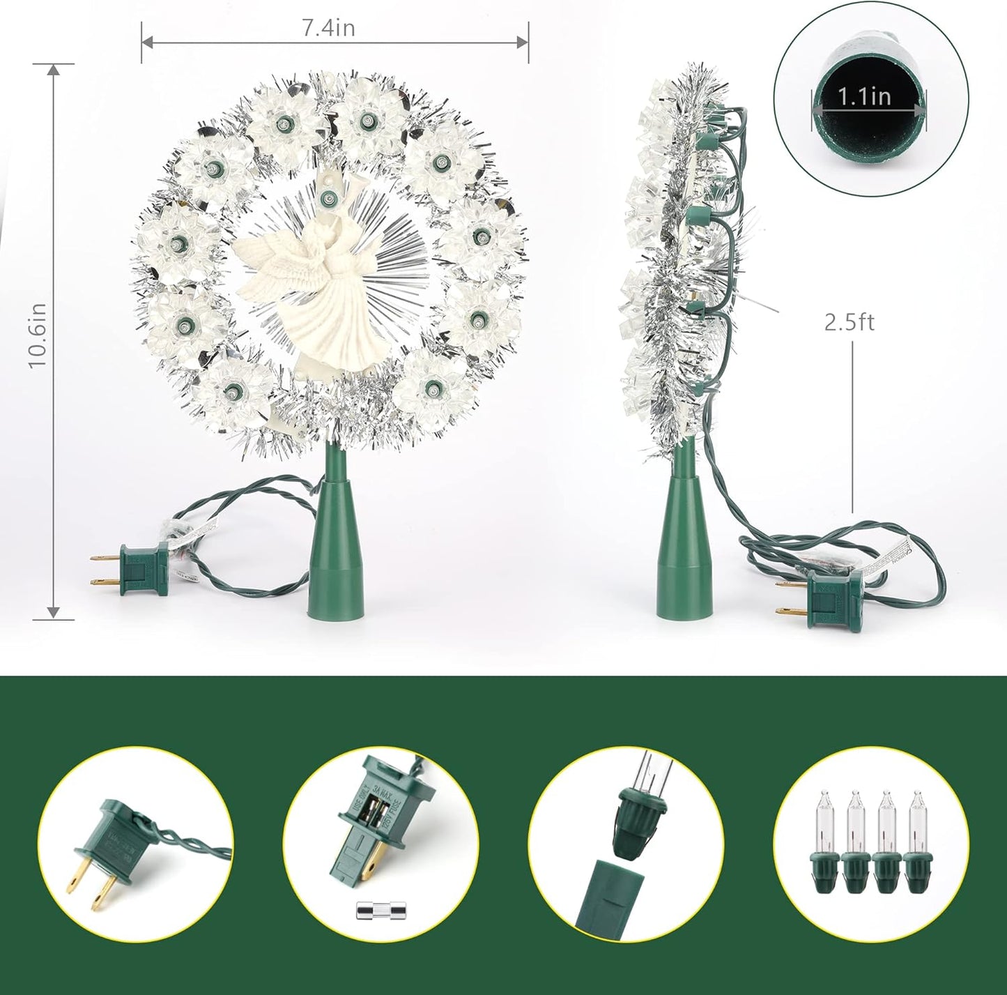 Brizled Christmas Tree Topper, 8" Lighted Angel with 11 Count Lights, Warm Lighted Treetop for Christmas Tree