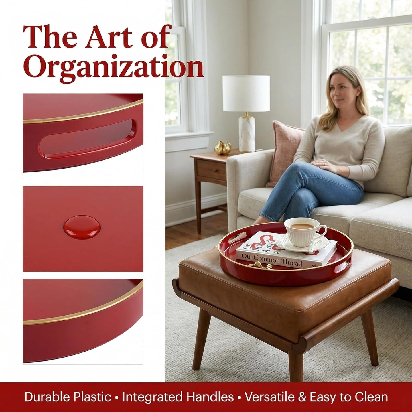 13" Round Decorative Tray, Red Serving Tray with Handles, Plastic Coffee Table Tray for Ottoman, Living Room, Bathroom