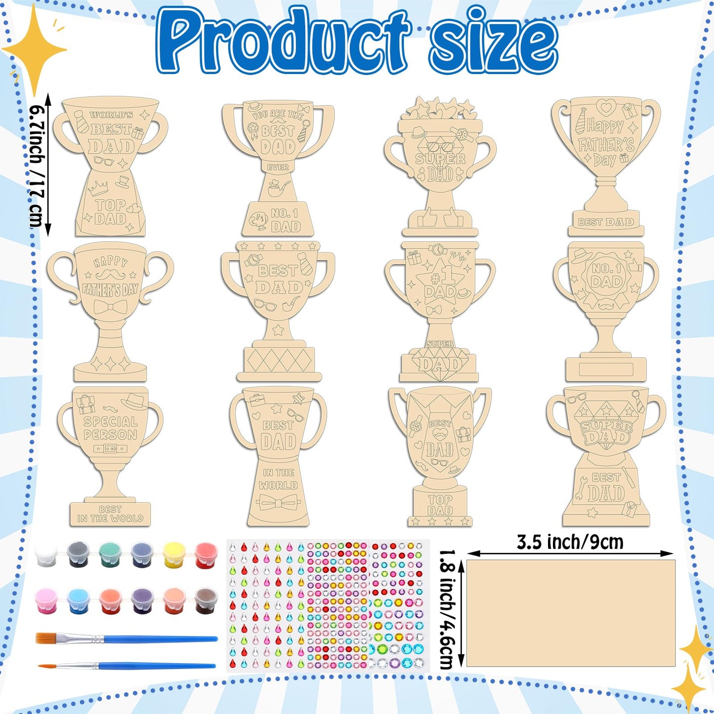 Eaasty 12 Set Father's Day Wooden Trophy Craft Kit 12 Unique Trophy Designs with Acrylic Rhinestone Stickers Paint and Brushes DIY Gifts for Fathers Grandpas Family Classroom Activity Crafts Supplies