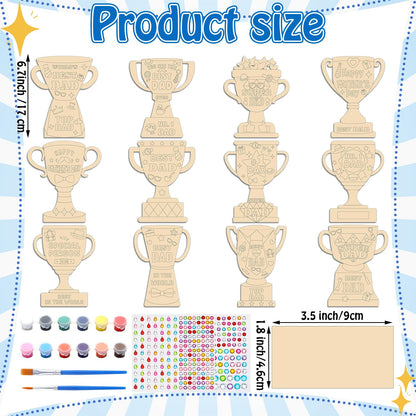 Eaasty 12 Set Father's Day Wooden Trophy Craft Kit 12 Unique Trophy Designs with Acrylic Rhinestone Stickers Paint and Brushes DIY Gifts for Fathers Grandpas Family Classroom Activity Crafts Supplies