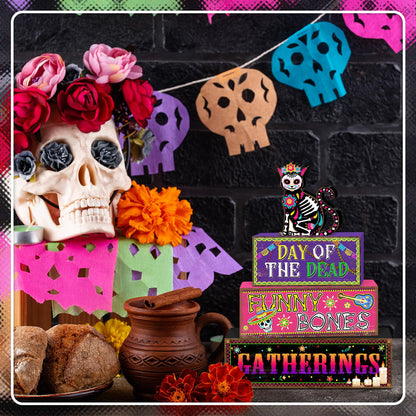 Britimes 4 Pcs Day of the Dead Table Decor Halloween Cat Tiered Tray Decorations Set Funny Bones Stack Block Signs Gift Rustic Farmhouse Tabletop Decor for Table & Home Office