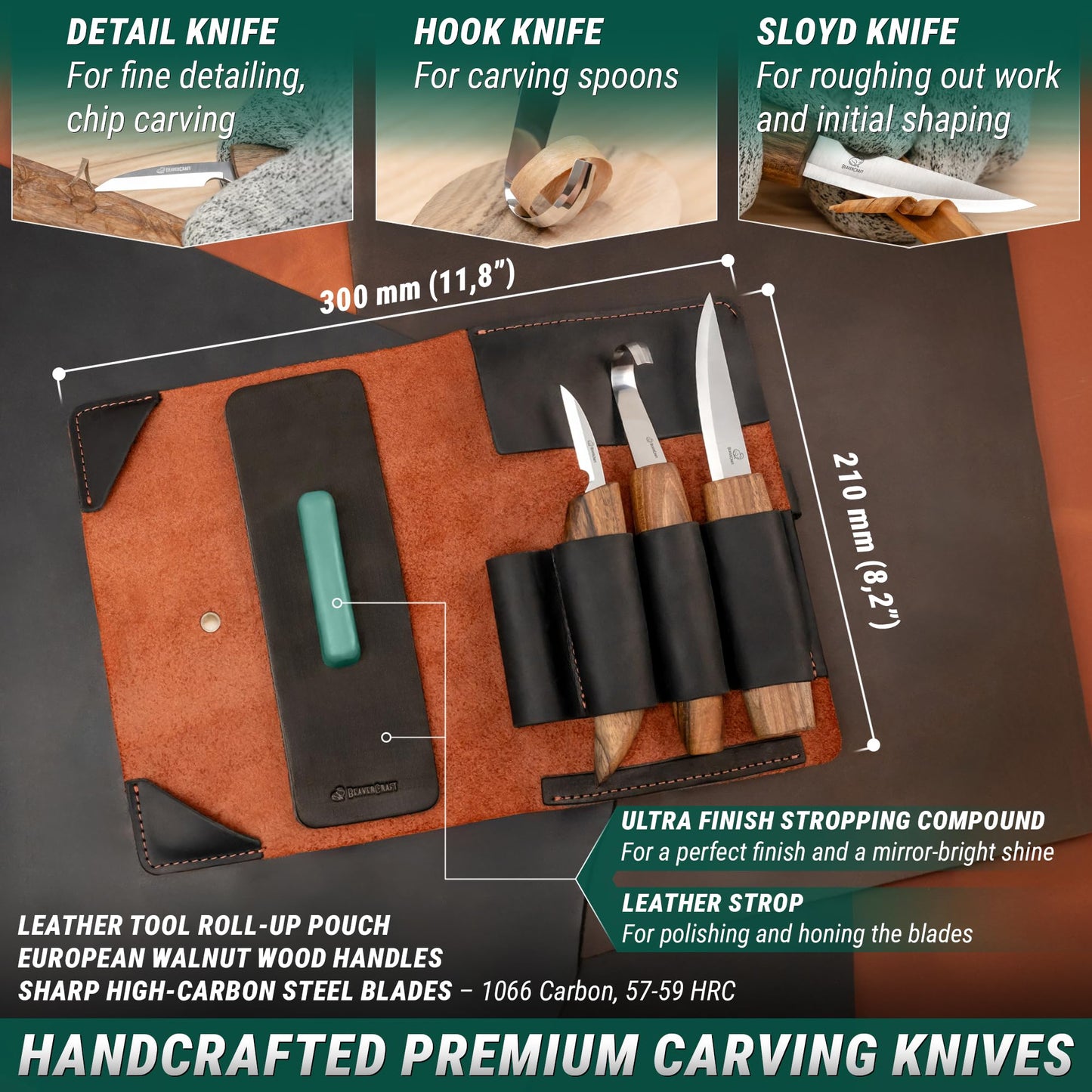 BeaverCraft Spoon Wood Carving Kit - Spoon Carving Tools Set with Hook Knife, Sloyd, Chip, Small Detail Whittling Knives S13X - Deluxe Whittling Knife Set with & Leather Strop and Leather Case