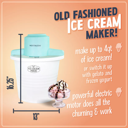 Nostalgia Electric Ice Cream Maker - Old Fashioned Soft Serve Ice Cream Machine Makes Frozen Yogurt or Gelato in Minutes - Fun Kitchen Appliance - Vintage Wooden Style - Light Wood - 4 Quart