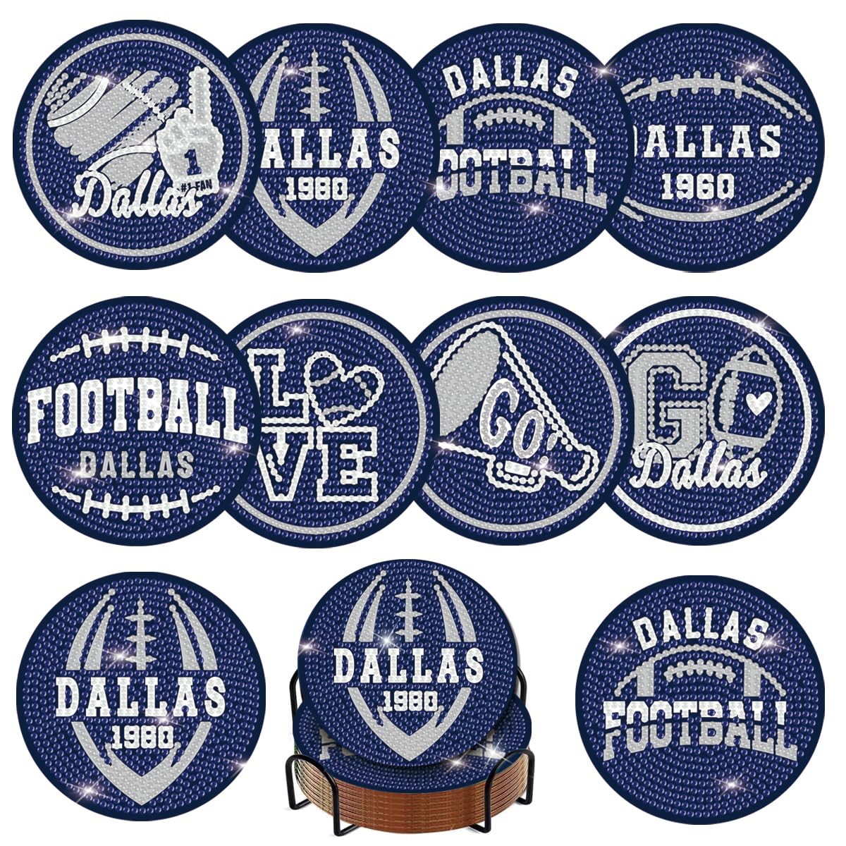 KALUOLAN 8PCS Diamond Painting Coasters Kits with Holder,5D Football Stlye Cup Coasters Diamond Art Sets for Beginners Kids Adults DIY Sports Gift for Dallas