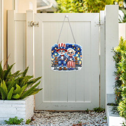 TLIOBLO Patriotic Old Couple Hanging Diamond Art and Key Chains Pendants Boards, Special Shaped Diamond Painting Hanging Sign with Chain Decoration