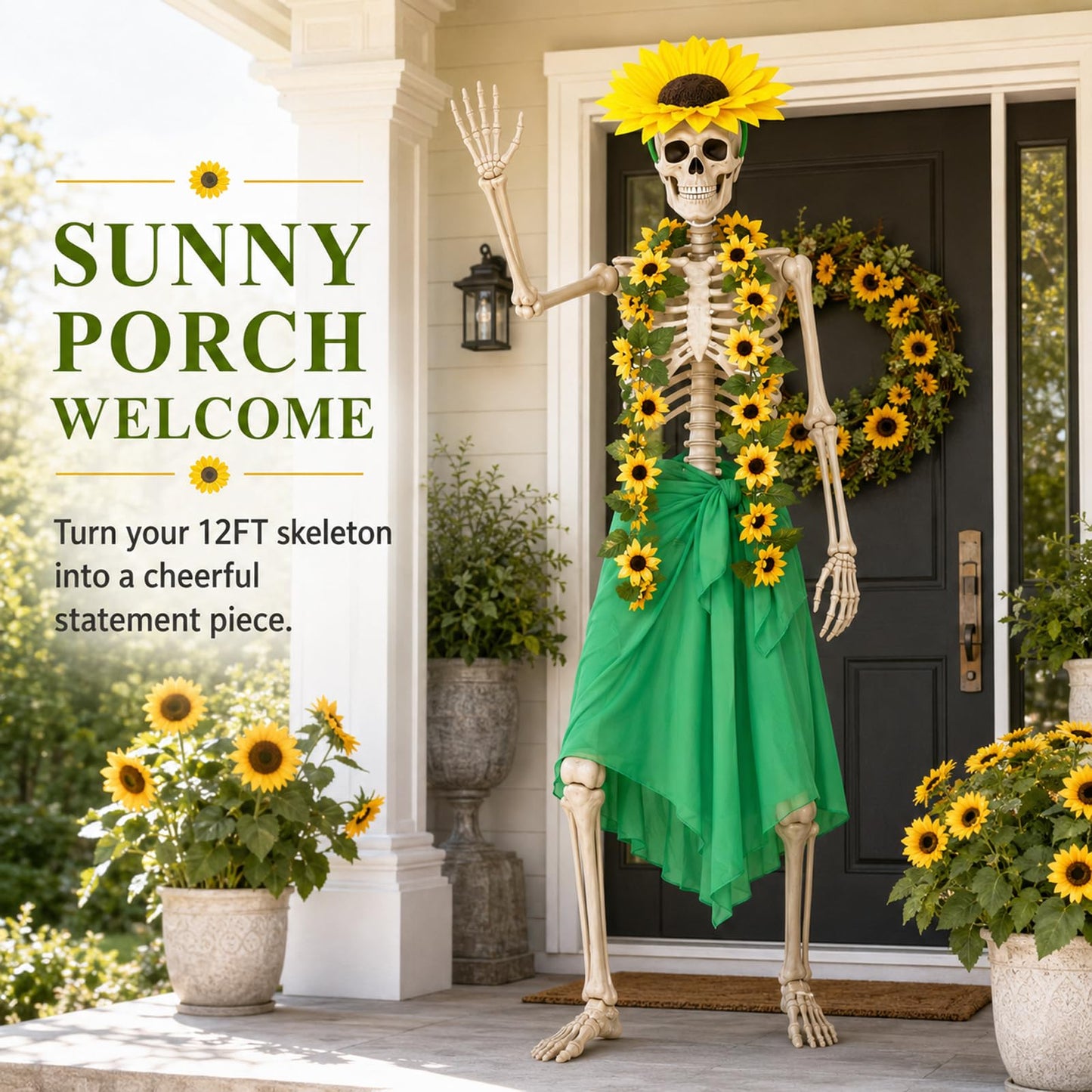 Yi-gog 5Pcs 12 Ft Skeleton Costume Set Halloween Skeletons Outfit Sunflower Headband Sunflower Vine Garlands Green Wrap Skirt Halloween Accessories