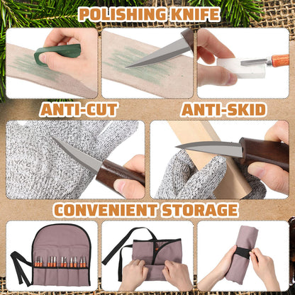 30 Pcs Wood Carving Tools Whittling Kit Include Hand Carving Knife Set Wood Blocks Cut Resistant Gloves Sawdust Brush Sharpening Stone Polishing Wax Sharpening Leather Storage Bag for Beginners