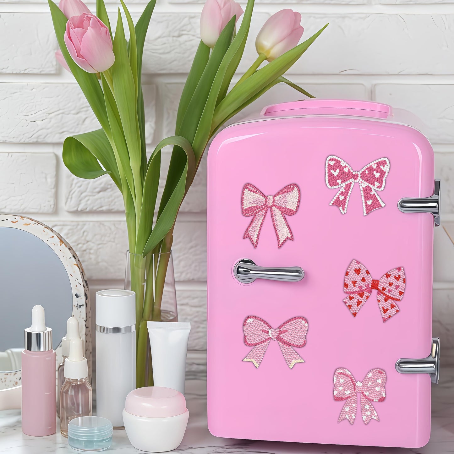 Bulerrylulu 9 Pcs Pink Diamond Painting Magnets Kits Bow Fridge Magnet Stickers Diamond Art Painting Keychains Gem Painting kit for Beginners Adults DIY Art Craft Gifts Home Decors