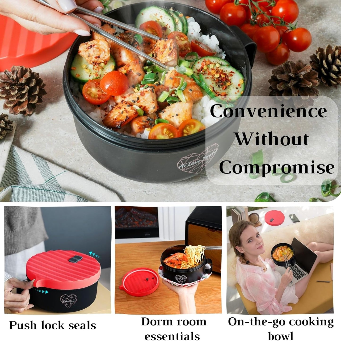 AI LOVE PEACE Ramen Bowl, Large 40 oz Microwave Ramen Cooker, Portable Noodle Bowl for Home Office Dorm Room