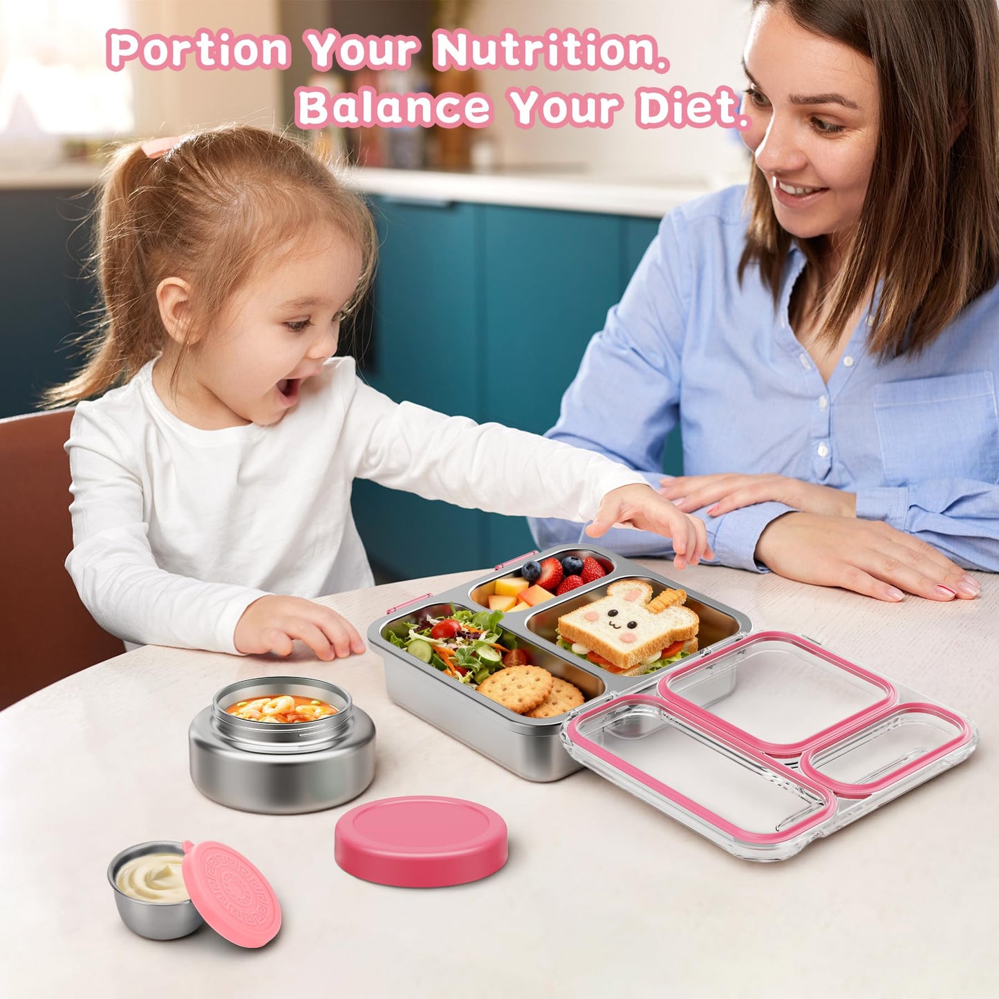 Pawtong Stainless Steel Bento Box Kids Adult with 7oz Insulated Food Jar, Transparent Lid Metal Lunch Box With Soup Thermal Jar, Lunch Box Container with Removable Divider & Sauce Cup School (Pink)