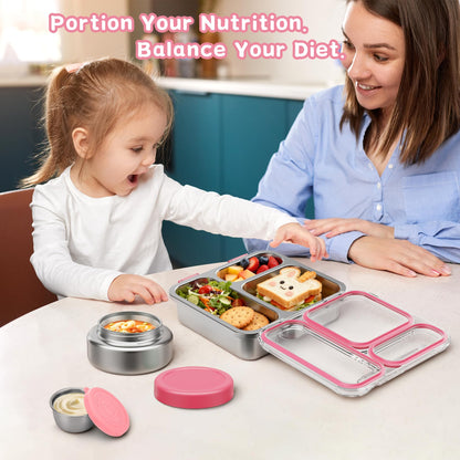 Pawtong Stainless Steel Bento Box Kids Adult with 7oz Insulated Food Jar, Transparent Lid Metal Lunch Box With Soup Thermal Jar, Lunch Box Container with Removable Divider & Sauce Cup School (Pink)