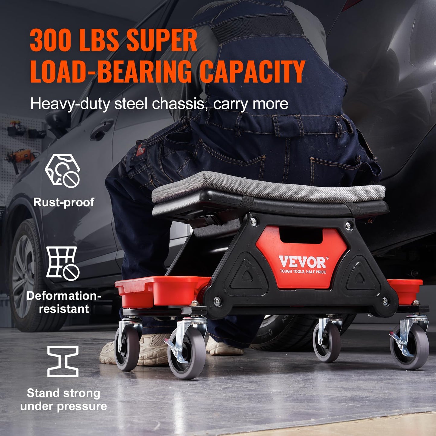 VEVOR Mechanic Stool 300 LBS Capacity Garage Stool Gift for Men, Heavy Duty Rolling Mechanics Seat, with Three Slide Out Tool Trays and Drawer, Tools for Automotive Auto Repair