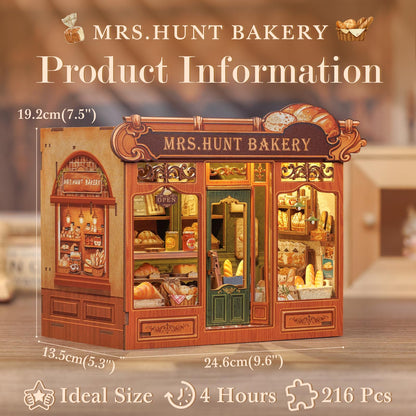 Fsolis Book Nook Kit - DIY Miniature House Kit for Adults Booknook 3D Wooden Puzzles Bookshelf Nook Decor Bakery Shop Model Gifts for Women Book Lovers (MRS.Hunt Bakery)