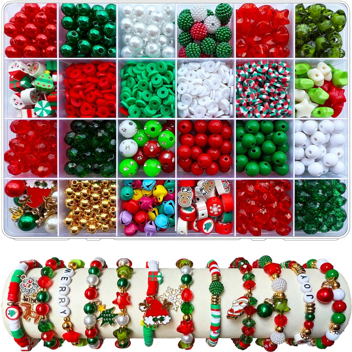 1540PCS Christmas Beads for Bracelets Jewelry Making Kit, Christmas Tree Snowflake Charms, Red Green Xmas Clay Beads Assorted Acrylic Crystal Round Pearl Star Spacer Bead for DIY Crafts Necklace