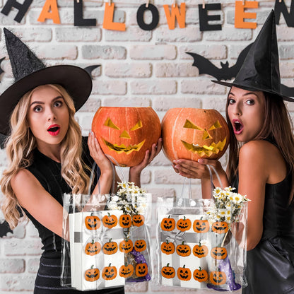 Kosiz 24 Pcs Halloween Clear Gift Bags Pumpkin Goodie Bag Halloween Party Favors PVC Treat Bags Bulk with Handle for Candy, Autumn Thanksgiving Party Supplies